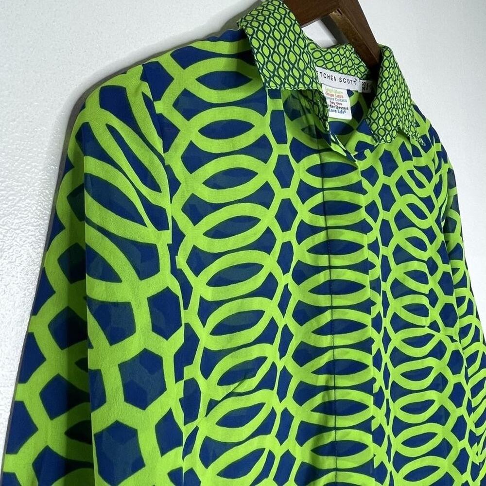 Gretchen Scott Shirt Womens XS Green Blue Geometric Print Button Up Top